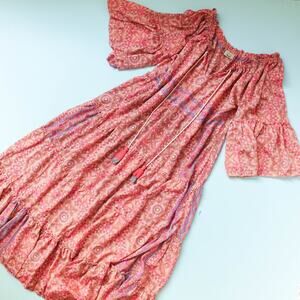 Luisa Vintage Silk Boho Mandala Print Off Shoulder Maxi Dress Size L Modest